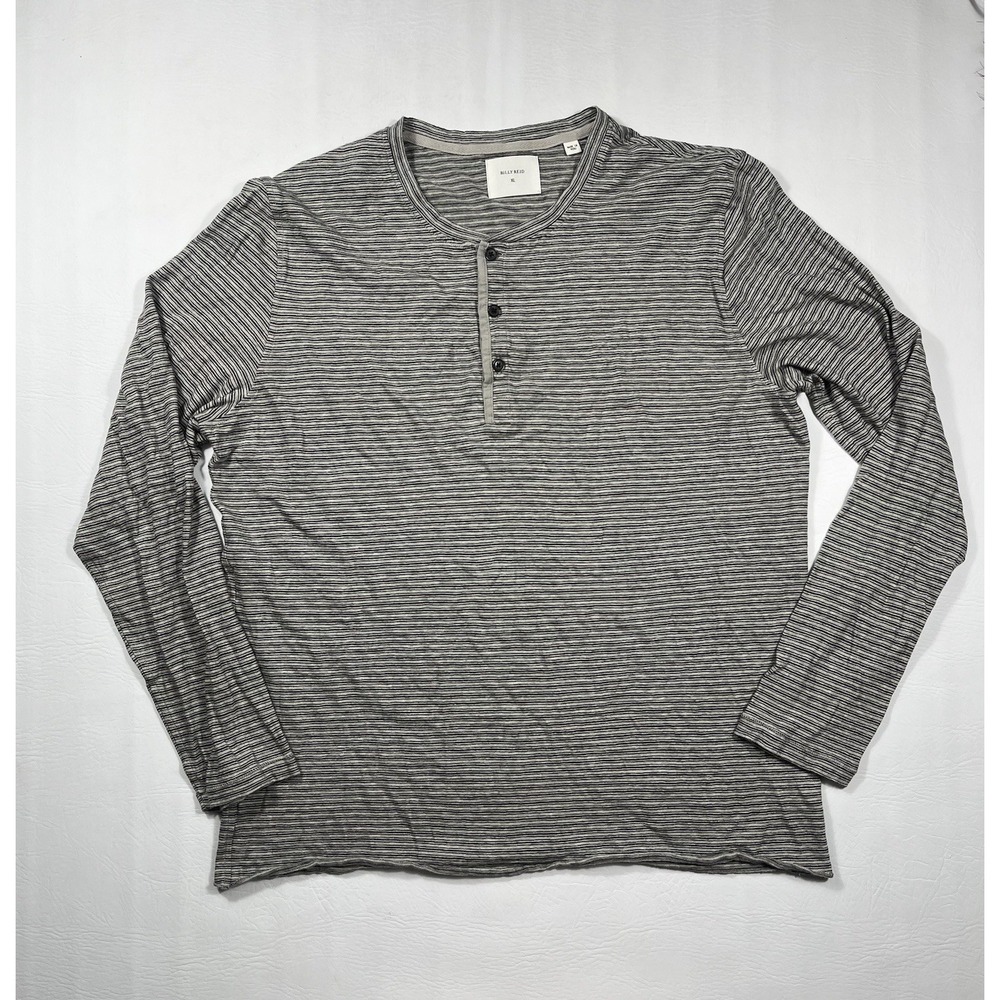 Billy Reid Henley Shirt Mens XL Black Gray Striped Cotton Cashmere Long Sleeve